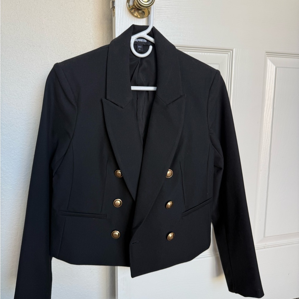Express Black Double-Breasted Cropped Blazer with Gold Buttons